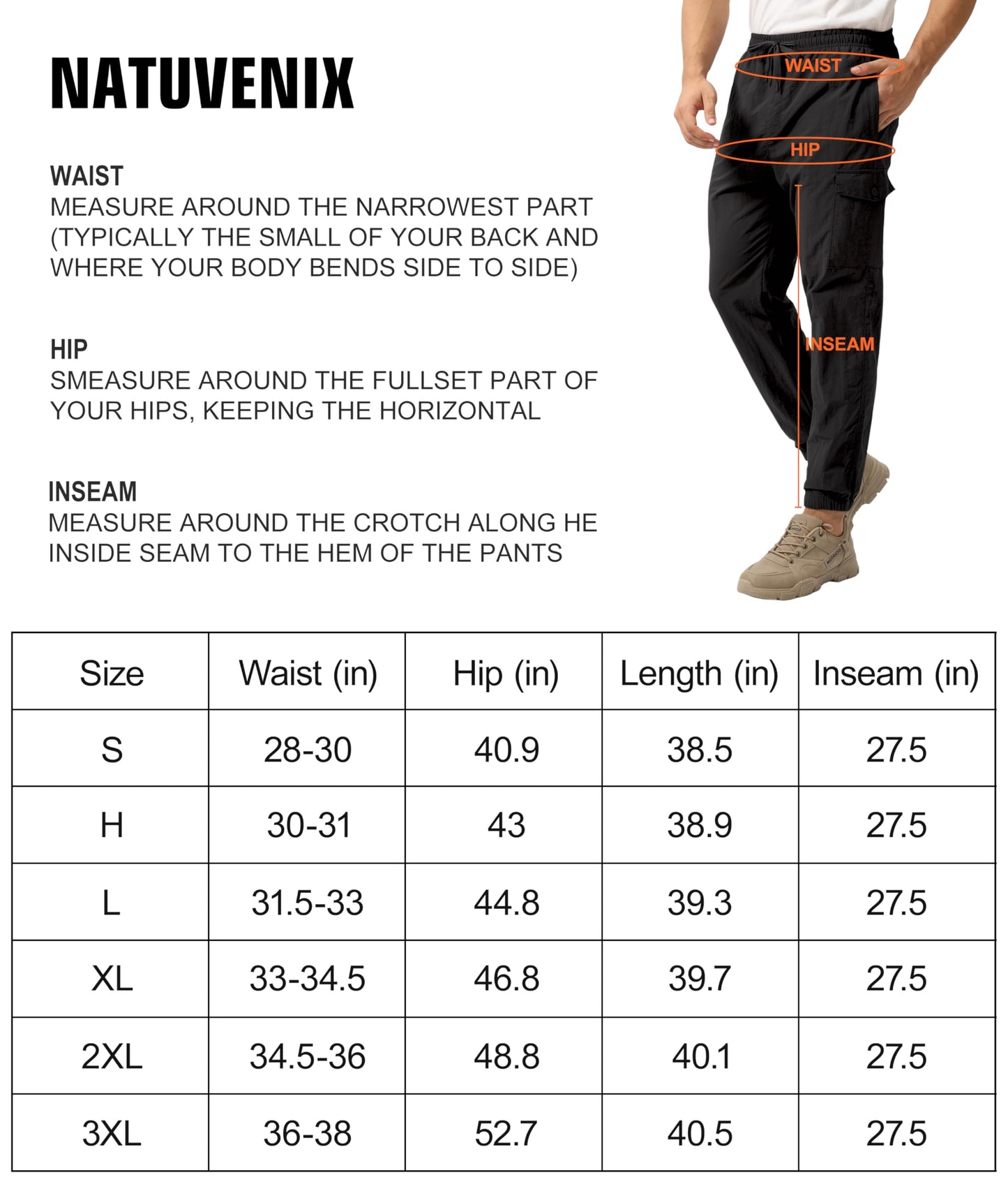 NATUVENIX Hiking Pants Men 27.5" Inseam Lightweight Cargo Joggers Pants Quick Dry Travel Casual Pants for Men with Drawstring