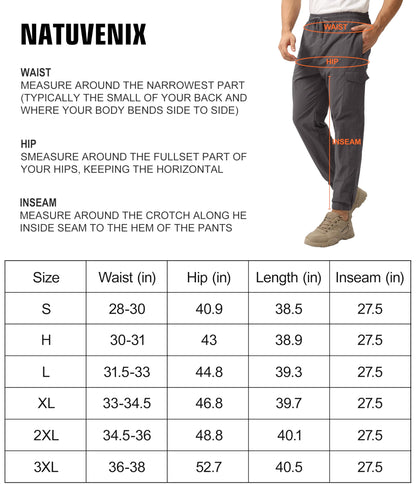 NATUVENIX Hiking Pants Men 27.5" Inseam Lightweight Cargo Joggers Pants Quick Dry Travel Casual Pants for Men with Drawstring