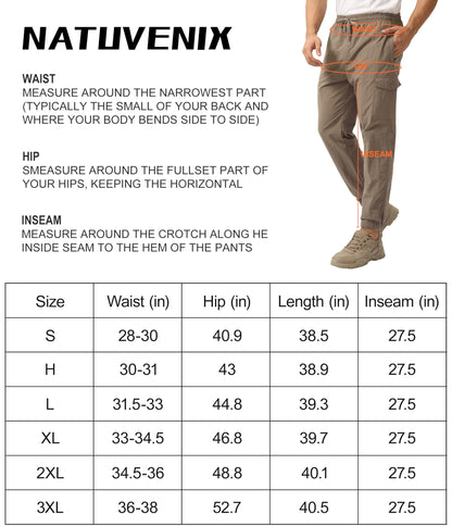 NATUVENIX Hiking Pants Men 27.5" Inseam Lightweight Cargo Joggers Pants Quick Dry Travel Casual Pants for Men with Drawstring