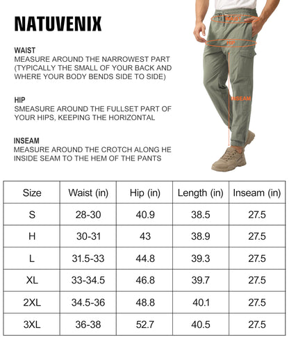 NATUVENIX Hiking Pants Men 27.5" Inseam Lightweight Cargo Joggers Pants Quick Dry Travel Casual Pants for Men with Drawstring